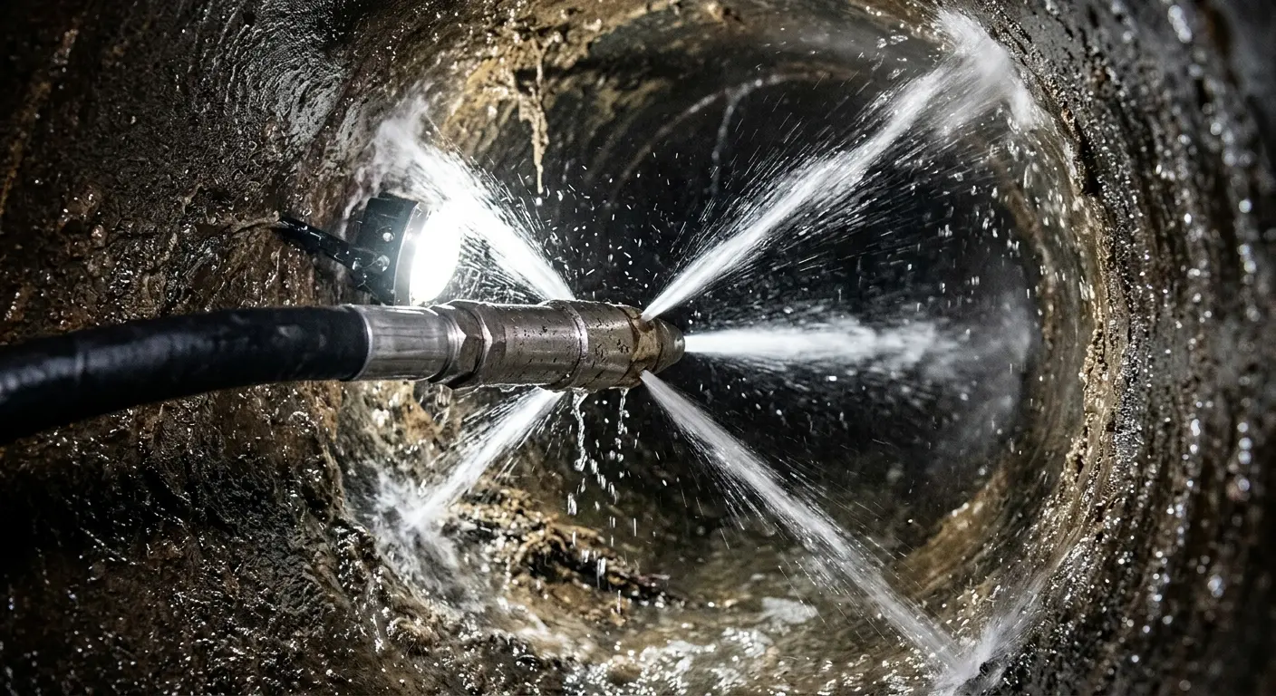 High-pressure hydro jetting nozzle cleaning sewer pipe for Emergency Drain Service in Woodbridge