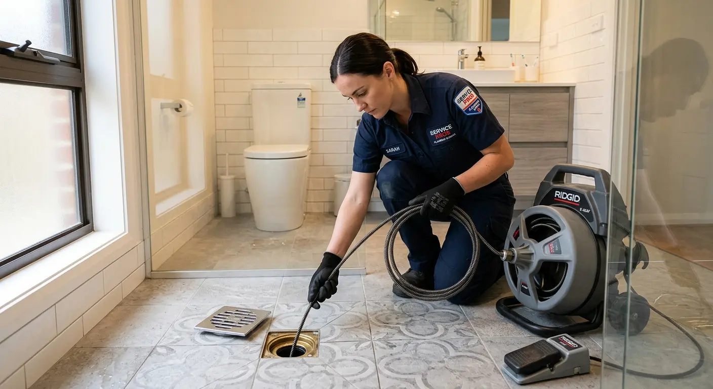 Technician clearing a bathroom floor drain for Sewer Line Installation in Woodbridge